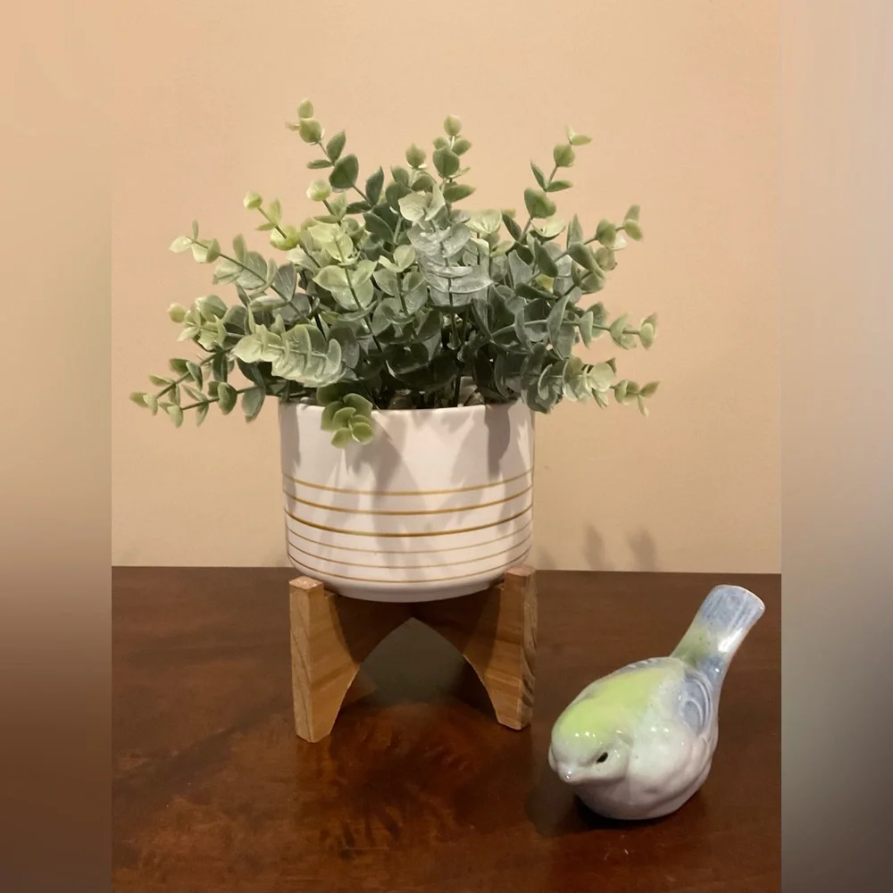 Faux Green Plant in Ceramic Pot On Wood Stand Decor 🪴